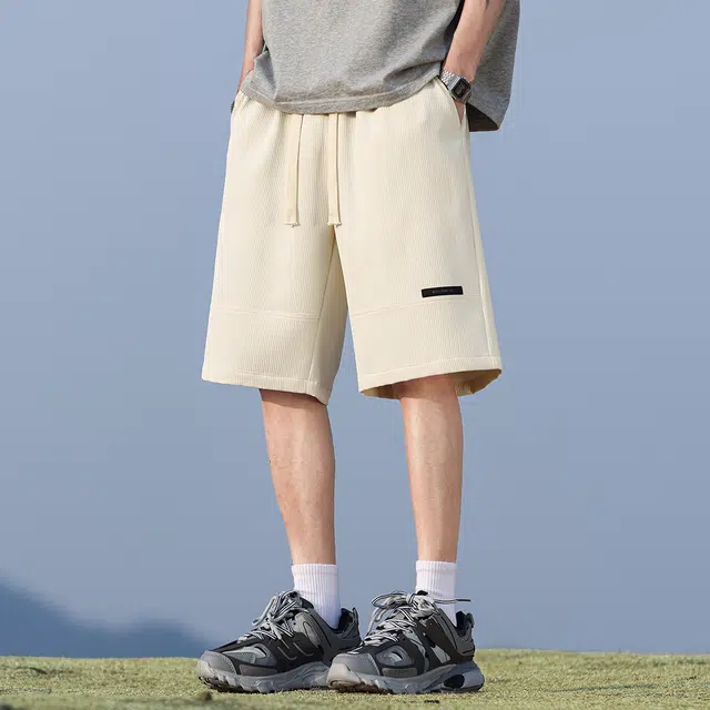 顶峰保罗 美式拼接直筒外穿冰丝薄款宽松百搭潮牌显高垂顺痞帅无性别主义运动健身五分中裤弹力休闲短裤 男女同款