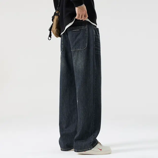顶峰保罗 美式潮牌阔腿无性别主义直筒休闲复古高街水洗做旧运动长裤弹力显高显瘦宽松大码简约百搭加绒加厚垂感牛仔裤 男女同款
