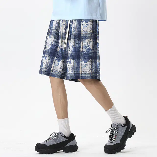 顶峰保罗 冰丝扎染格子设计运动感无性别主义宽松垂感直筒弹力抽绳显高大码时尚简约美式复古潮牌休闲短裤 男女同款