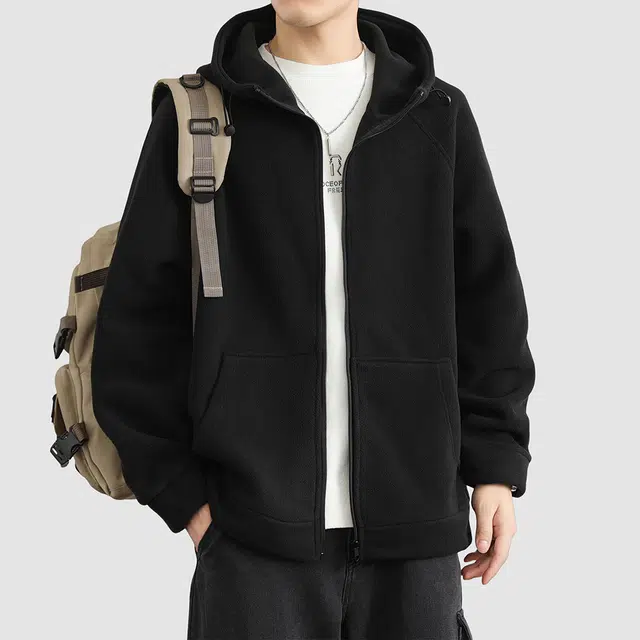 顶峰保罗 摇粒绒连帽开衫夹克外套无性别主义纯色宽松大码休闲运动上衣简约百搭潮牌显高显瘦长袖卫衣 男女同款