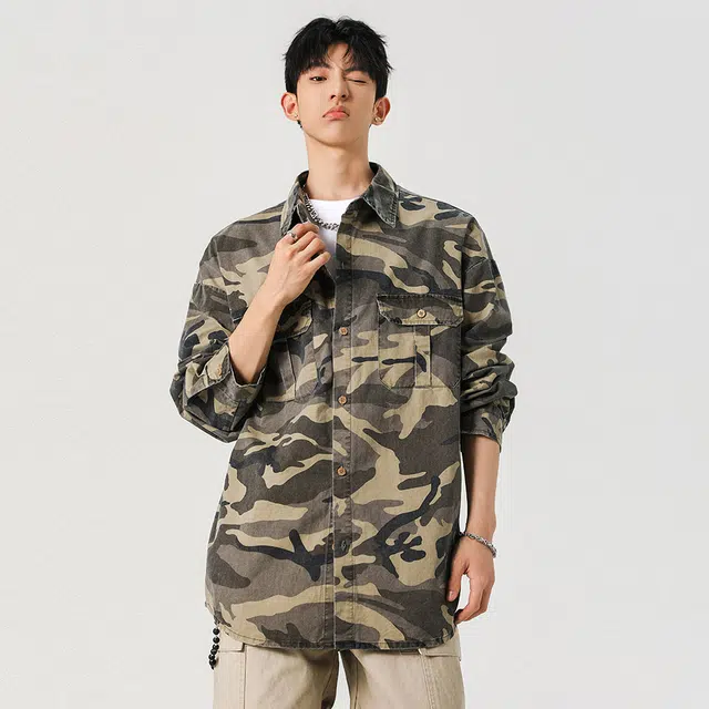 顶峰保罗 美式迷彩工装潮牌宽松慵懒运动高街痞帅做旧长袖翻领衬衫 男女同款