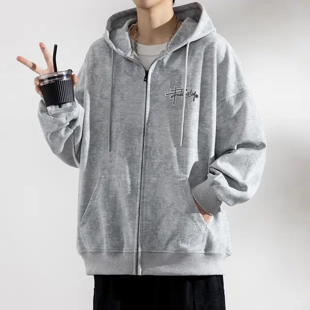 顶峰保罗 美式字母刺绣提花潮牌连帽重磅开衫夹克外套无性别主义宽松大码复古休闲直筒运动上衣简约百搭长袖卫衣 男女同款