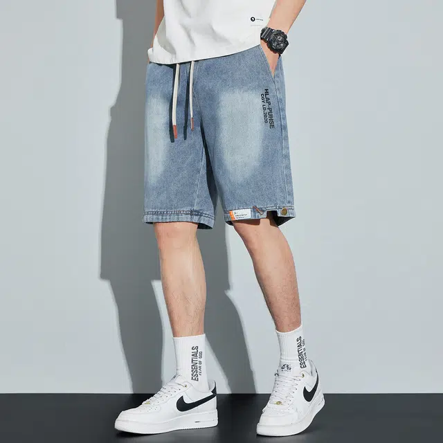 顶峰保罗 薄款潮流宽松休闲外穿潮牌炸街帅气百搭无性别主义五分中裤时尚直筒运动透气牛仔短裤 男女同款
