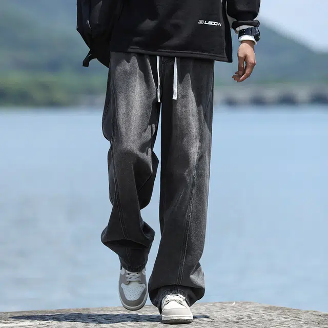 顶峰保罗 复古做旧水洗宽松直筒休闲时尚百搭加厚加绒无性别主义美式潮牌垂感高街弯刀系带设计感牛仔裤 男女同款