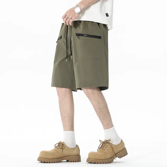 顶峰保罗 美式拼接拉链冰丝薄款宽松百搭工装直筒无性别主义运动健身五分中裤弹力潮牌显高垂顺外穿痞帅休闲短裤 男女同款