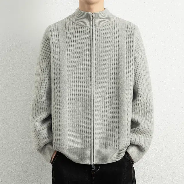 顶峰保罗 日系慵懒风潮牌立领双拉链开衫外套高街百搭无性别主义宽松大码休闲运动纯色上衣显高显瘦轻熟风毛衣 男女同款