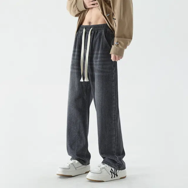 顶峰保罗 色水洗做旧复古美式高街直筒长裤宽松休闲情侣潮牌薄款透气显瘦百搭阔腿牛仔裤 男女同款