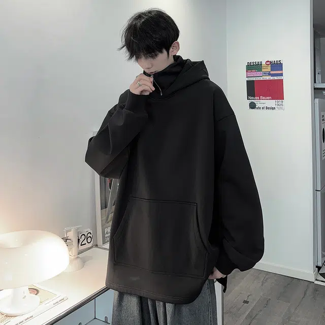 顶峰保罗 美式潮牌重磅假两件连帽无性别主义直筒高街宽松百搭时尚纯色卫衣 男女同款