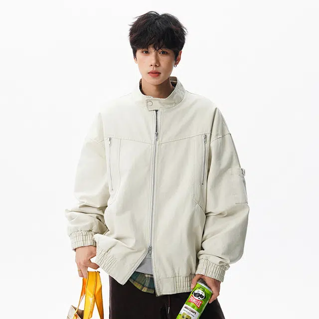 顶峰保罗 纯棉美式立领纯色工装飞行员无性别主义直筒宽松休闲通勤百搭上衣潮牌时尚高街长袖夹克外套 男女同款