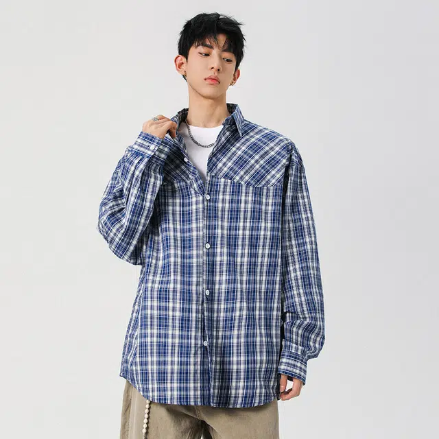 顶峰保罗 少年感纯棉格纹衬衣外套无性别主义宽松大码潮牌美式休闲长袖古巴领上衣简约百搭高街复古衬衫 男女同款