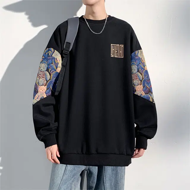 顶峰保罗 新中式刺绣潮牌宽松休闲大码痞帅卡通打底衫上衣无性别主义潮流百搭小熊图案圆领卫衣 男女同款