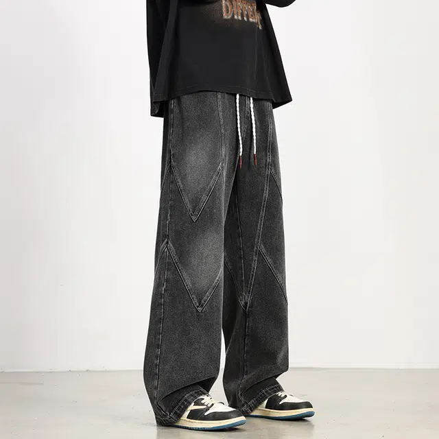 顶峰保罗 美式潮牌解构高级设计感宽松直筒阔腿情侣款潮流百搭水洗做旧通勤亲肤舒适痞帅牛仔裤 男女同款