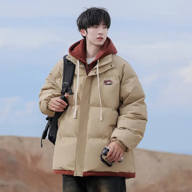 顶峰保罗 假两件拼接撞色休闲工装连帽面包服复古潮牌无性别主义直筒宽松百搭保暖大码厚实时尚长袖棉服 男女同款