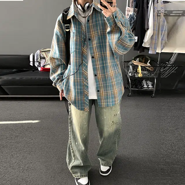 顶峰保罗 美式复古撞色格子宽松休闲衬衣外套春秋穿搭情侣款通勤潮流百搭高级感翻领衬衫 男女同款