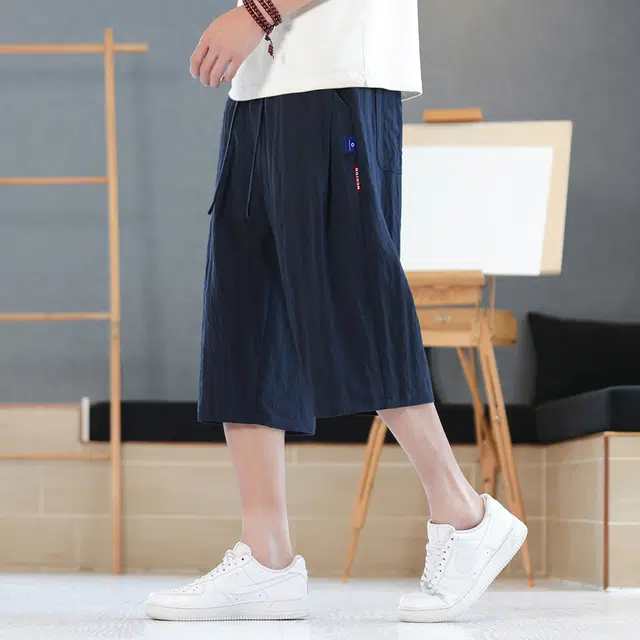 顶峰保罗 新中式莱赛尔潮流痞帅纯色无性别主义宽松大码百搭七分运动健身裤弹力抽绳显高薄款直筒休闲短裤 男女同款