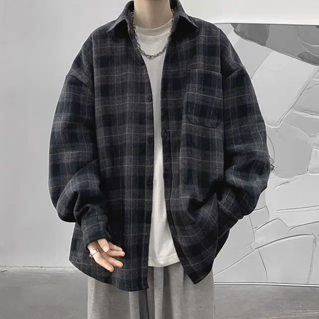 顶峰保罗 美式复古格子衬衣宽松百搭无性别主义小众设计感痞帅外套休闲简约时尚开衫直筒长袖衬衫 男女同款