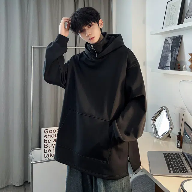 顶峰保罗 美式潮牌重磅假两件连帽无性别主义直筒高街宽松百搭时尚纯色卫衣 男女同款