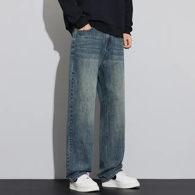 顶峰保罗 美式潮牌直筒阔腿无性别主义休闲复古高街水洗做旧运动长裤弹力显高显瘦宽松大码简约百搭加绒加厚垂感牛仔裤 男女同款