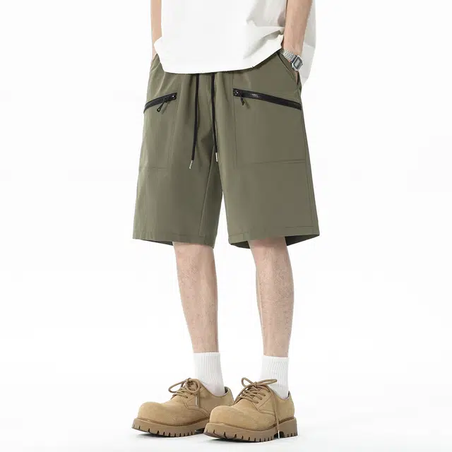 顶峰保罗 美式拼接拉链冰丝薄款宽松百搭工装直筒无性别主义运动健身五分中裤弹力潮牌显高垂顺外穿痞帅休闲短裤 男女同款