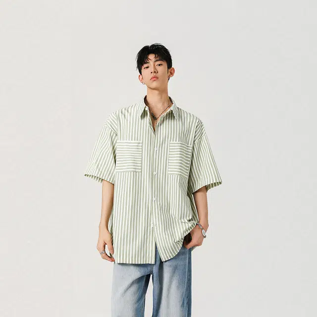 顶峰保罗 竖条纹薄款透气大口袋衬衣外套宽松舒适冰丝凉感速干休闲小众百搭翻领短袖衬衫 男女同款