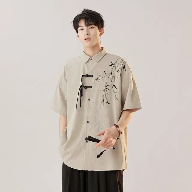 顶峰保罗 新中式竹子盘扣薄款国风宽松百搭无性别主义垂感休闲复古肌理感刺绣痞帅潮牌透气短袖衬衫 男女同款