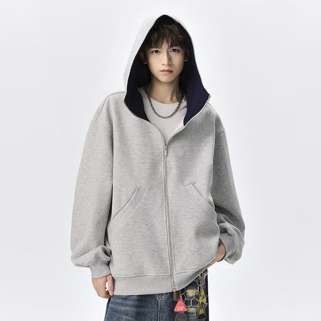顶峰保罗 美式重磅连帽开衫双头拉链外套无性别主义休闲潮牌高街百搭上衣简约时尚纯色痞帅慵懒风长袖卫衣 男女同款
