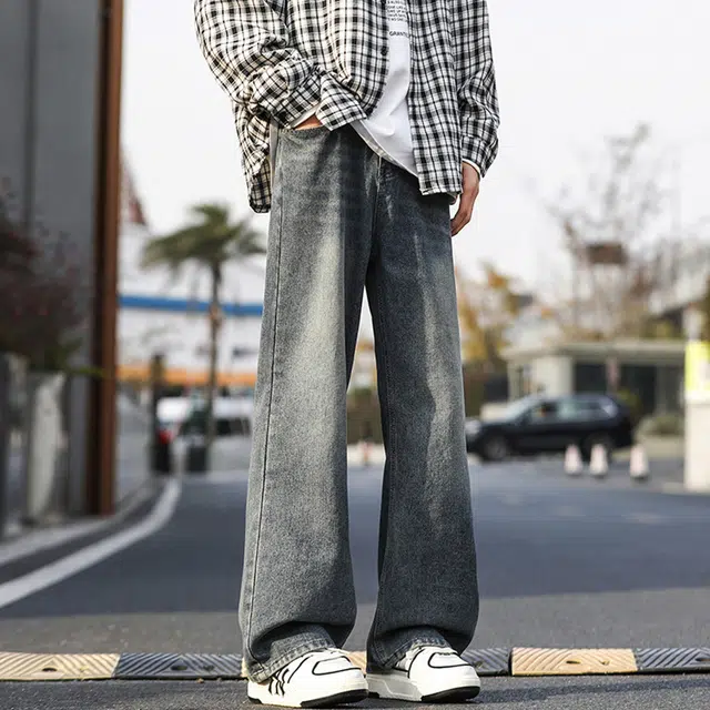 顶峰保罗 美式高街撞色直筒阔腿水洗做旧潮牌复古宽松高级感透气百搭休闲长裤牛仔裤 男女同款