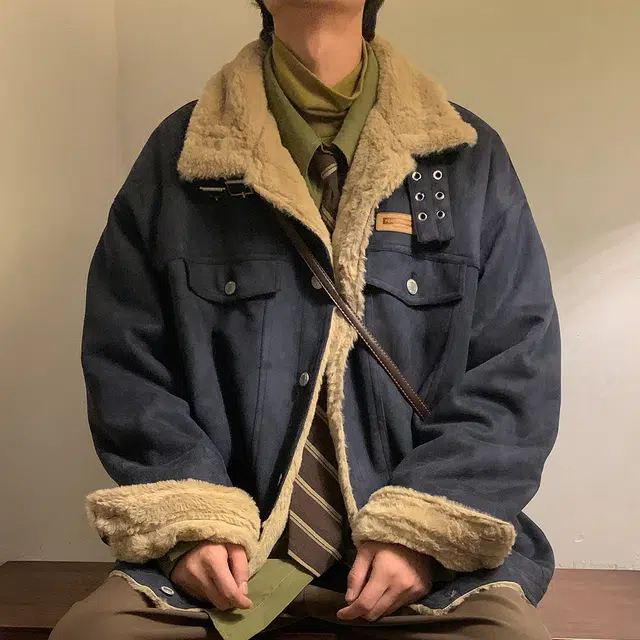 顶峰保罗 日系复古羊羔绒无性别主义潮牌高街休闲百搭直筒外穿棉衣工装牛仔外套棉服 男女同款