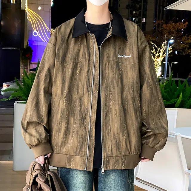 顶峰保罗 美式扎染字母印花潮牌飞行员翻领长袖机车外套无性别主义直筒休闲复古工装上衣宽松加肥加大简约百搭高街加绒加厚夹克 男女同款