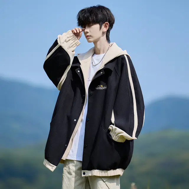 顶峰保罗 港风假两件撞色连帽外套潮牌宽松户外无性别主义简约时尚痞帅百搭运动大码休闲夹克 男女同款