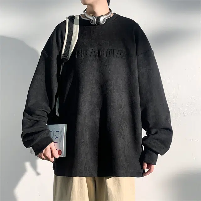 顶峰保罗 麂皮绒美式高街潮牌字母宽松大码休闲上衣打底衫无性别主义潮流百搭情侣款圆领卫衣 男女同款