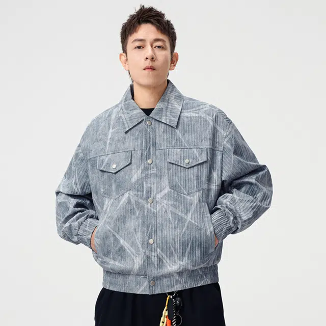 顶峰保罗 美式复古扎染做旧翻领牛仔外套无性别主义直筒宽松加肥加大休闲百搭衬衫上衣潮牌时尚高街长袖防风夹克 男女同款