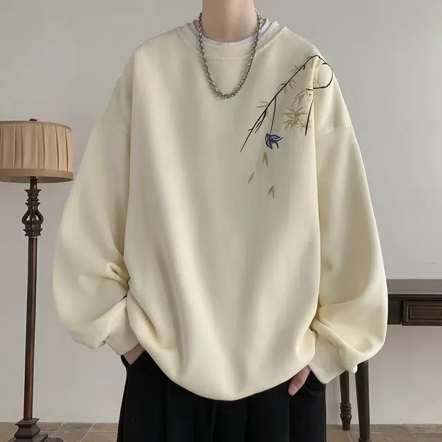 顶峰保罗 新中式竹叶刺绣加绒圆领无性别主义国风宽松大码直筒上衣套头衫潮牌简约时尚高街休闲百搭长袖卫衣 男女同款