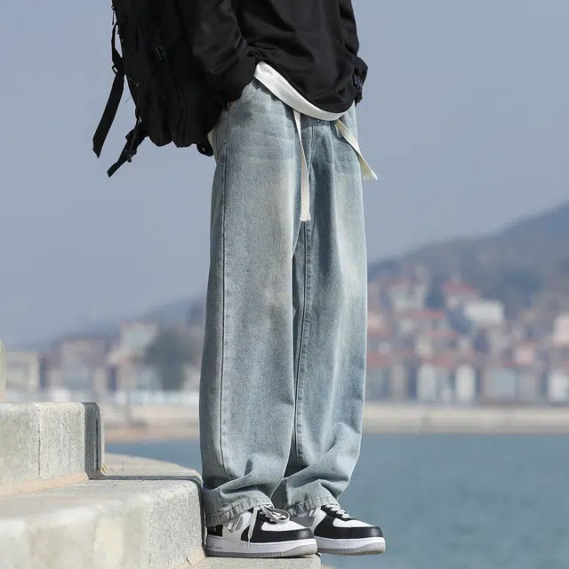 顶峰保罗 美式复古水洗潮牌做旧宽松直筒无性别主义休闲阔腿裤弹力抽绳显高显瘦简约时尚百搭设计感高街垂感牛仔裤 男女同款