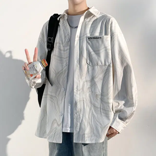 顶峰保罗 美式复古扎染字母印花休闲翻领长袖夹克衬衣无性别主义宽松大码高街时尚上衣外套简约百搭衬衫 男女同款