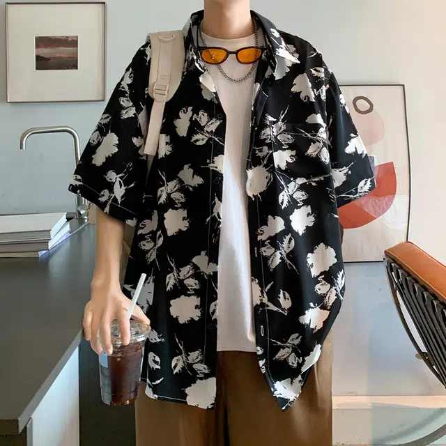 顶峰保罗 无性别主义美式度假夏威夷风薄款潮流痞帅速干碎花衬衣潮牌休闲百搭外套设计感亲肤透气高级感短袖衬衫 男女同款