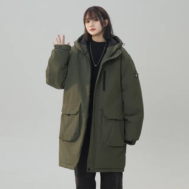 顶峰保罗 中长款石墨烯大口袋加厚外套工装连帽宽松百搭休闲纯色长袖棉服 男女同款