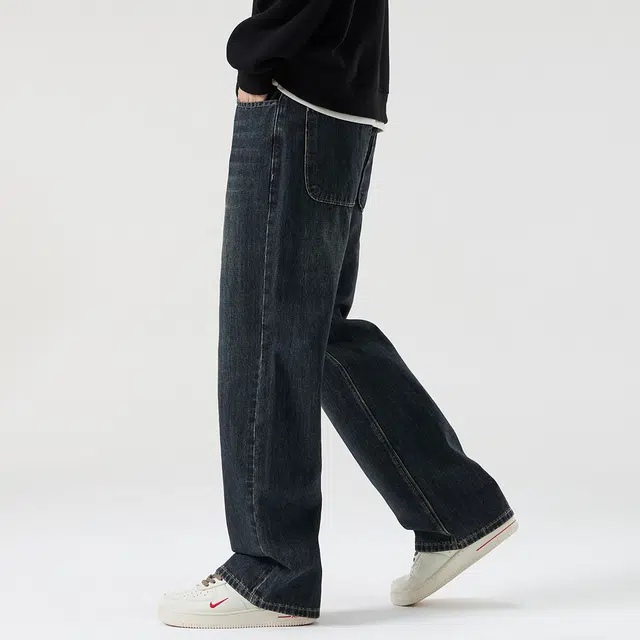 顶峰保罗 美式潮牌阔腿无性别主义直筒休闲复古高街水洗做旧运动长裤弹力显高显瘦宽松大码简约百搭加绒加厚垂感牛仔裤 男女同款