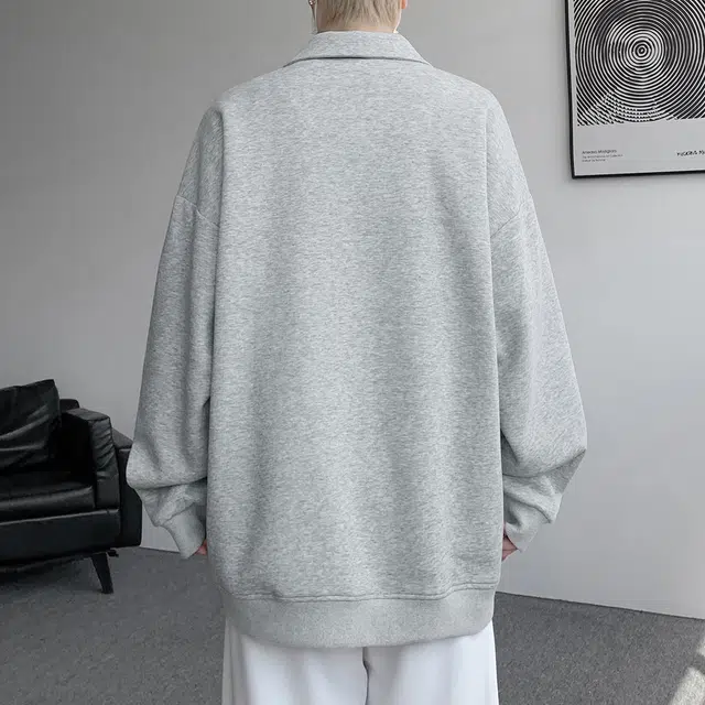 顶峰保罗 半拉链金属扣重磅翻领宽松大码长袖上衣无性别主义潮牌休闲运动高街纯色衬衣简约百搭显高显瘦卫衣 男女同款