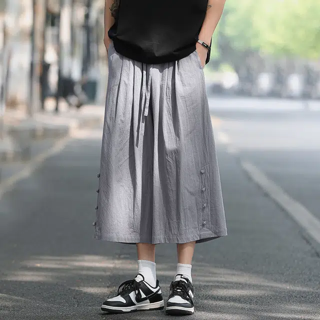 顶峰保罗 新中式纯棉薄款宽松阔腿国潮无性别主义纯色潮牌盘扣七分裤弹力抽绳显高直筒大码休闲短裤 男女同款