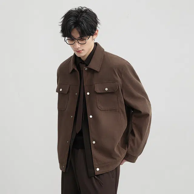 顶峰保罗 美式复古休闲工装长袖翻领上衣外套无性别主义潮牌美拉德纯色宽松高街运动飞行机车服百搭加肥加大夹克 男女同款