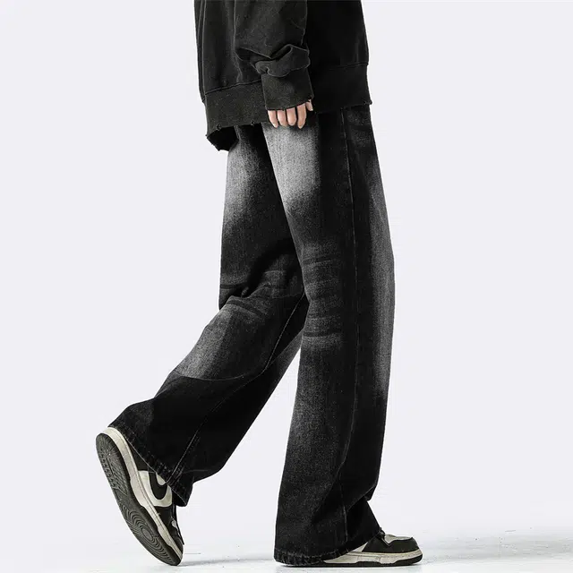 顶峰保罗 复古水洗做旧薄款透气直筒长裤子美式高街潮牌情侣宽松休闲百搭撞色阔腿牛仔裤 男女同款