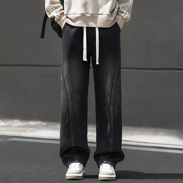 顶峰保罗 美式潮牌复古宽松直筒休闲时尚百搭无性别主义垂感做旧水洗高街弯刀系带设计感牛仔裤 男女同款