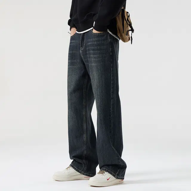 顶峰保罗 美式潮牌阔腿无性别主义直筒休闲复古高街水洗做旧运动长裤弹力显高显瘦宽松大码简约百搭加绒加厚垂感牛仔裤 男女同款