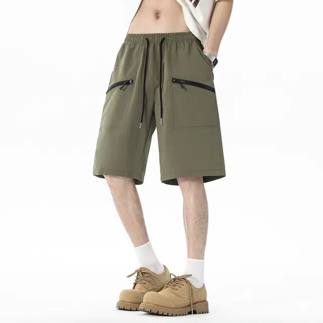 顶峰保罗 美式拼接拉链冰丝薄款宽松百搭工装直筒无性别主义运动健身五分中裤弹力潮牌显高垂顺外穿痞帅休闲短裤 男女同款