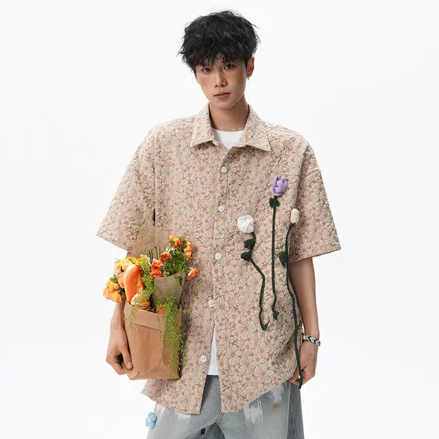 顶峰保罗 无性别主义肌理感立体花朵多巴胺宽松休闲时尚短袖衬衫 男女同款