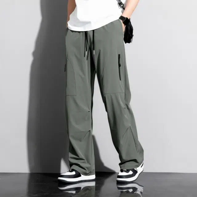 顶峰保罗 冰丝速干工装直筒长裤宽松运动小众百搭设计感潮牌薄款透气舒适阔腿休闲裤 男女同款