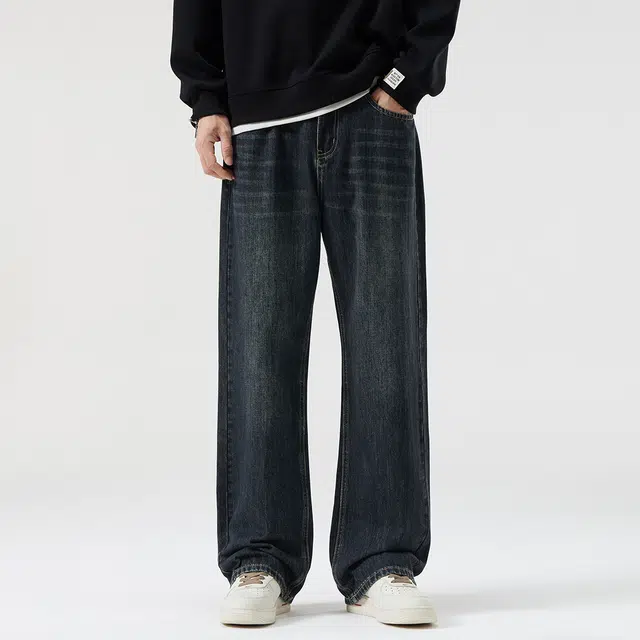顶峰保罗 美式潮牌阔腿无性别主义直筒休闲复古高街水洗做旧运动长裤弹力显高显瘦宽松大码简约百搭加绒加厚垂感牛仔裤 男女同款