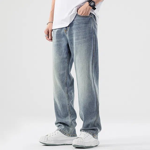 顶峰保罗 无性别主义水洗做旧薄款透气宽松直筒美式高街潮牌垂感休闲阔腿长裤子时尚百搭设计感牛仔裤 男女同款