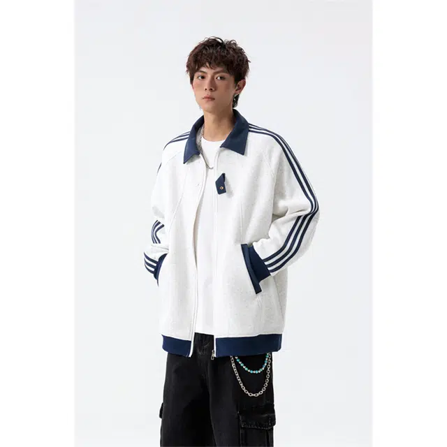 顶峰保罗 美式潮牌条纹拼接撞色休闲宽松大码棒球服外套无性别主义运动开衫卫衣情侣款翻领夹克 男女同款